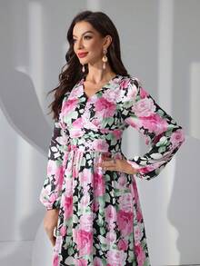 Women Flower Print V-Neck Ultra Long Dinner Dress, Party Dress, Wedding Guest Dress, Formal Dress, Evening Dress - Pink - View 4