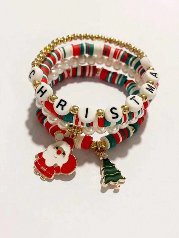 4pcs/Set Girls' Christmas Themed Polymer Clay & Pearl Beaded Bracelet Set, Adorable Christmas Tree & Santa Claus Pendants, Versatile Cartoon Handmade Accessories, Ideal Holiday Gift