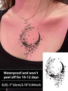 1pc Floral Moon Temporary Tattoo Sticker, Waterproof & Sweat-Proof, Lasts 1-2 Weeks, Realistic Herbal Juice Effect, Semi-Permanent, Non-Reflective, Friction-Resistant, Black Faux Tattoo Sticker, Unisex, Suitable For Arms, Chest, Waist, Back, Abdomen, Neck, Hands, Legs, Modernist Body Art - Black - View 7
