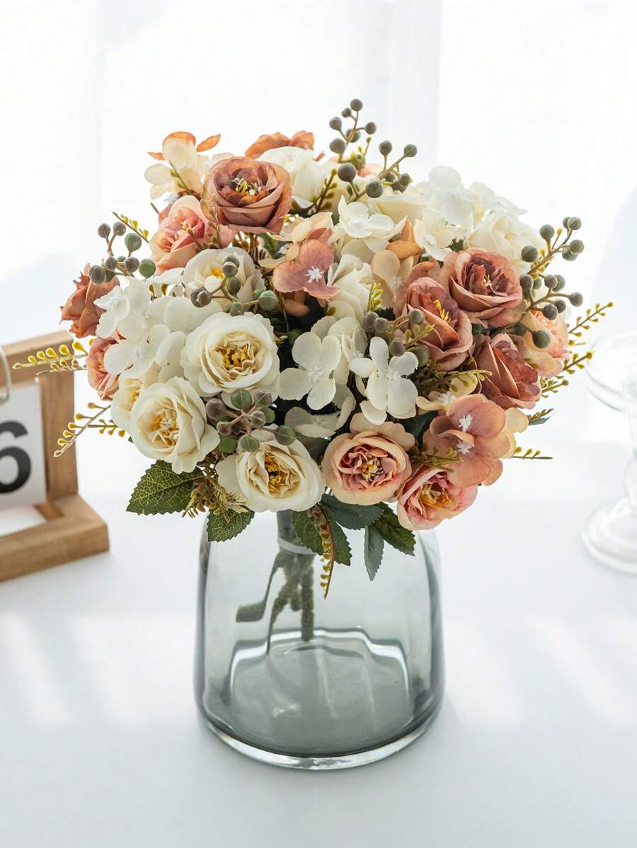 1 件/3 件人造玫瑰、绣球花、牡丹和混合花束，适用于新娘、婚礼装饰、DIY 花环、生日派对、家居装饰、花瓶、户外花园、秋季、万圣节、圣诞节