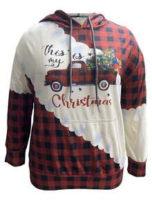 加大码休闲圣诞格子拼接汽车标志印花卫衣 - 紅色 - 查看 2