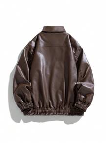 Men's Long Sleeve Casual Loose Fit Business PU Leather Jacket, For Fall, Grunge - Brown - View 3