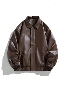 Men's Long Sleeve Casual Loose Fit Business PU Leather Jacket, For Fall, Grunge - Brown - View 2