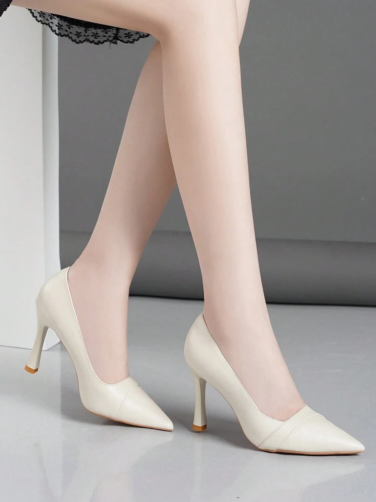 Zapatos de tacón alto de moda para mujer 2024 Primavera Nuevo tacón delgado Puntera puntiaguda Zapatos de salón poco profundos Zapatos formales de trabajo de color negro Talla pequeña Tacón de 3.5 pulgadas - Beis - Añade 3