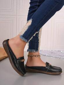 Zapatos tipo mula planos con decoración de hebilla de metal para mujeres, de moda y versátiles, calzado suave de suela casual y cómodo