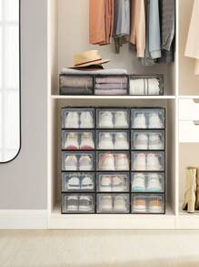 SONGMICS Cajas de Zapatos Plástico, Juego de 18 Organizadores de Almacenamiento, Caja Zapatero Plástico Plegable y Apilable para Zapatillas hasta talla 44, Transparente y Negro - Negro - Ver 3