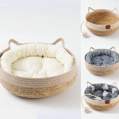 舒适简约编织猫窝 - 二合一四季宠物床，夏季凉爽，配有可拆卸垫子和玩具，农舍风格设计，适合室内使用 - 适合所有年龄和体型的猫咪