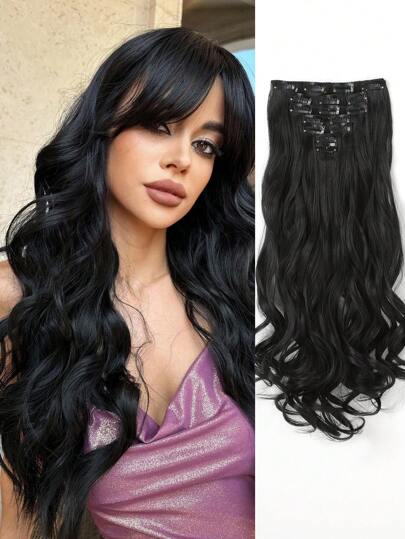 Clip in Hair Extensions For Women With Black 7pcs 22 Inch, clip in hair extensions Wavy Curly Hair Full Head Synthetic Hair Extension Hairpieces