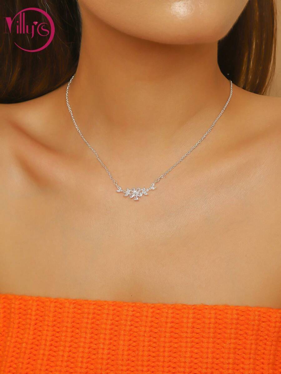 1件立方氧化锆花叶心形蛇形吊坠项链，黄金首饰，伴娘礼物，送给她的礼物