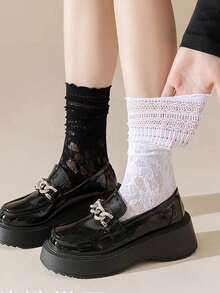 زوج واحد / زوجان / 3 أزواج جوارب نسائية رقيقة مطرزة بالدانتيل مفرغة مع حافة مكشكشة، جوارب متوسطة الطول للارتداء اليومي، خريف - متعدد الألوان - مشاهدة 5