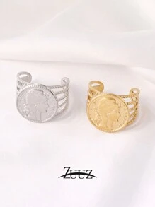 1pc Vintage Stainless Steel Round Coin Ring, Geometric Shape, Punk Hip-Hop Style, Knuckle Open Ring, Fashion Accessory Gift - Ring - View 4