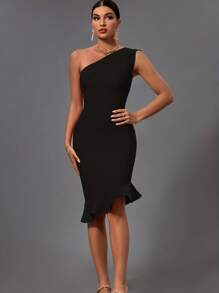 Earkoha Women's Fashion Spring Summer Sexy Elegant Black One Shoulder Midi Ruffle Bodycon Bandage Dress Party Cocktail Evening Dress Clothes - 黑色 - 查看 3