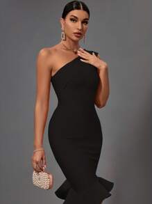 Earkoha Women's Fashion Spring Summer Sexy Elegant Black One Shoulder Midi Ruffle Bodycon Bandage Dress Party Cocktail Evening Dress Clothes - 黑色 - 查看 2