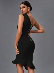 Earkoha Women's Fashion Spring Summer Sexy Elegant Black One Shoulder Midi Ruffle Bodycon Bandage Dress Party Cocktail Evening Dress Clothes - 黑色 - 查看 5