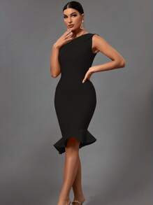 Earkoha Women's Fashion Spring Summer Sexy Elegant Black One Shoulder Midi Ruffle Bodycon Bandage Dress Party Cocktail Evening Dress Clothes - 黑色 - 查看 4