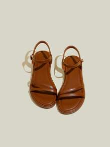 Women's Brown Flat Open Toe Strap Sandals, Simple Slim Strap Soft Sole Beach Flat Sandals - Brown - View 3
