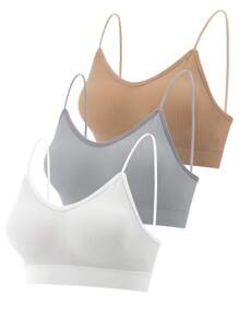 3 Pcs Padded Bralettes For Women Wireless Cami Bras Tank Top Sport Bras Comfort Seamless V Neck With Removable Pads For Girls Laddies Everyday Camisole Basic Bra - 灰色,卡其色,白色 - 查看 1