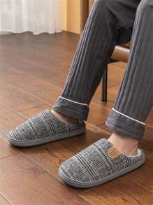 Men's Light Gray Simple Houndstooth Print Letter Decor Indoor Slippers, Warm For Bedroom & Office Use In Autumn Winter - Light Grey - View 5