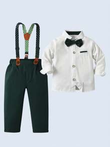 BOARNSEORL 2 peças de roupa de cavalheiro para meninos - camisa de manga comprida com gravata borboleta e macacão, terno formal da moda para festa de aniversário, casamento, aniversário