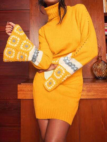 Autumn And Winter New Fashion Retro High Collar Jacquard Hollow Design Mid-Length Women's Sweater Dress