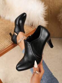 女士纯色简约秋冬侧拉链黑色细高跟踝靴女士优雅尖头高跟鞋 - 黑色 - 查看 14