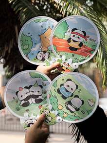 2 件可爱熊猫设计可折叠手扇，随机卡通圆扇款式，夏季便携式迷你风扇 - 彩色 - 查看 1