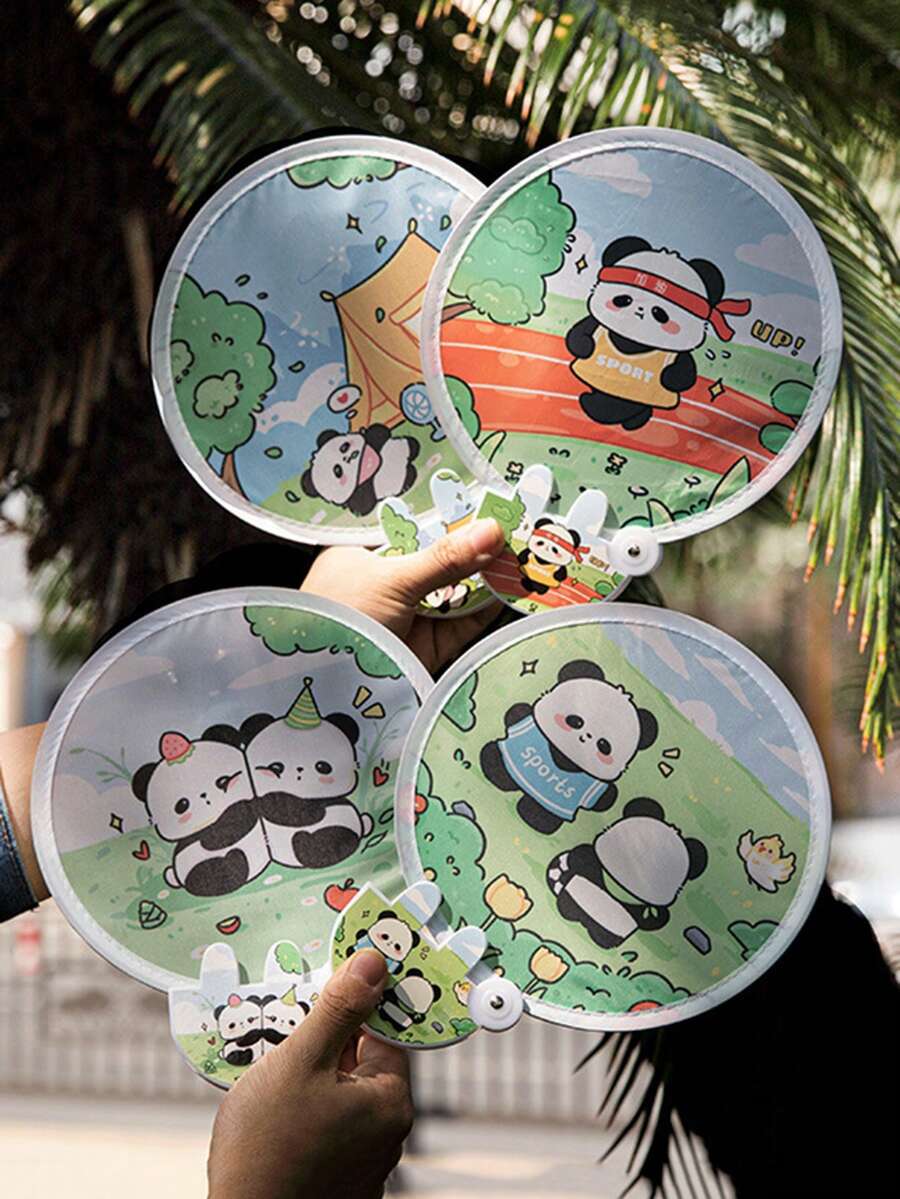 2 件可爱熊猫设计可折叠手扇，随机卡通圆扇款式，夏季便携式迷你风扇 - 彩色 - 查看 1
