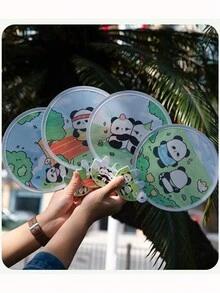 2 件可爱熊猫设计可折叠手扇，随机卡通圆扇款式，夏季便携式迷你风扇 - 彩色 - 查看 3