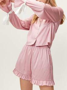 2pcs Women Pajama Set, Long Sleeve Bow Tie Collar Shirt And Shorts Sleepwear Homewear - Pink - View 3