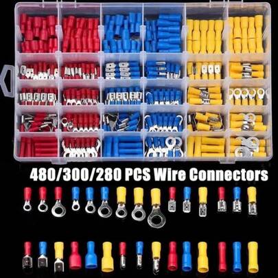 Juego surtido de 480/300/280 piezas de conectores de cable aislados, cables, terminales de anillo retorcidos, terminales de horquilla, y terminales de tope para crimpar