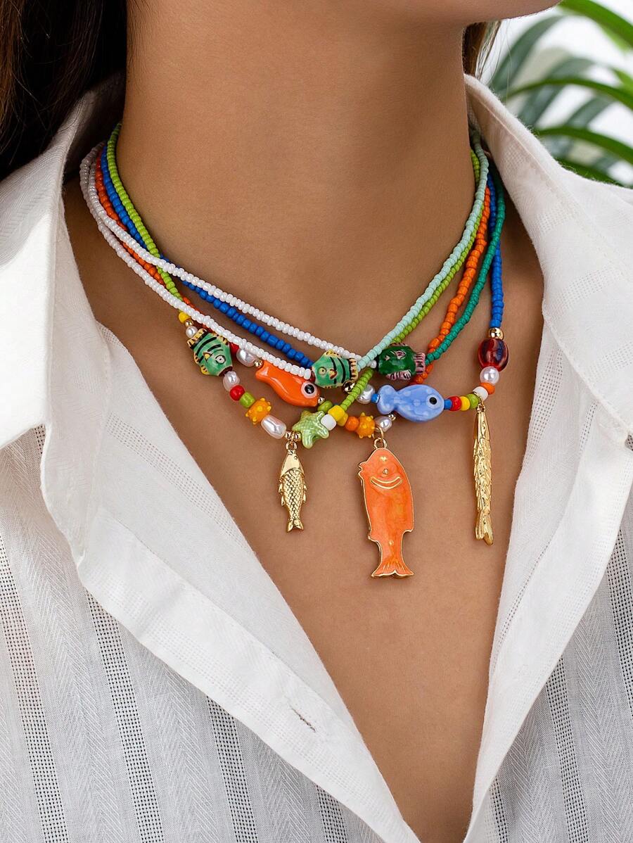 1 pieza Collar con colgante de pez de cerámica con cuentas de vidrio artesanales bohemios, forma y color aleatorios, naranja - Multicolor - Ver 1