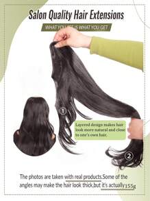 合成女士 V 形长发接发，合成假发，分层接发，蓬松顶垫可增加发量 - 黑棕色 - 查看 6