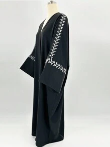 1pc Elegant Polyester Embroidered Open Abaya Cardigan Kaftan With Matching Hijab - Black - View 7