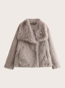 Solid Color Fluffy Collar Coat - Light Grey - View 1