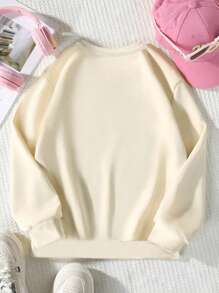 1 chiếc áo nỉ cổ tròn in họa tiết tiếng Anh cho bé gái tuổi mới lớn, dành cho học sinh, thanh thiếu niên, mùa thu và đông - Màu be - Xem 2