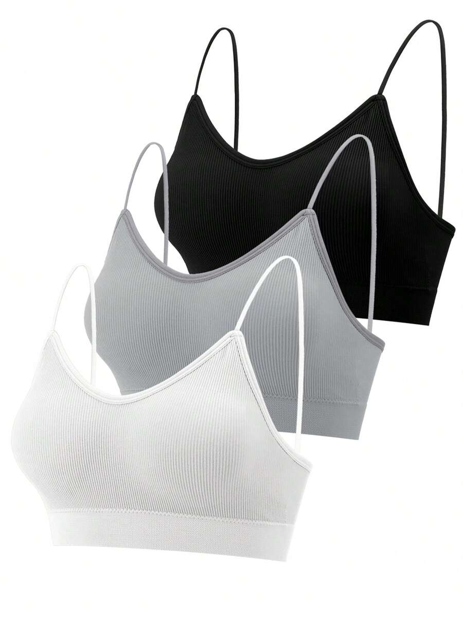 3 Pcs Padded Bralettes For Women Wireless Cami Bras Tank Top Sport Bras Comfort Seamless V Neck With Removable Pads For Girls Laddies Everyday Camisole Basic Bra - 黑色,灰色,白色 - 查看 1