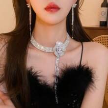 Andkiss 1pc Rhinestone Decorated Flower & Tassel Choker Necklace - Silver - View 3