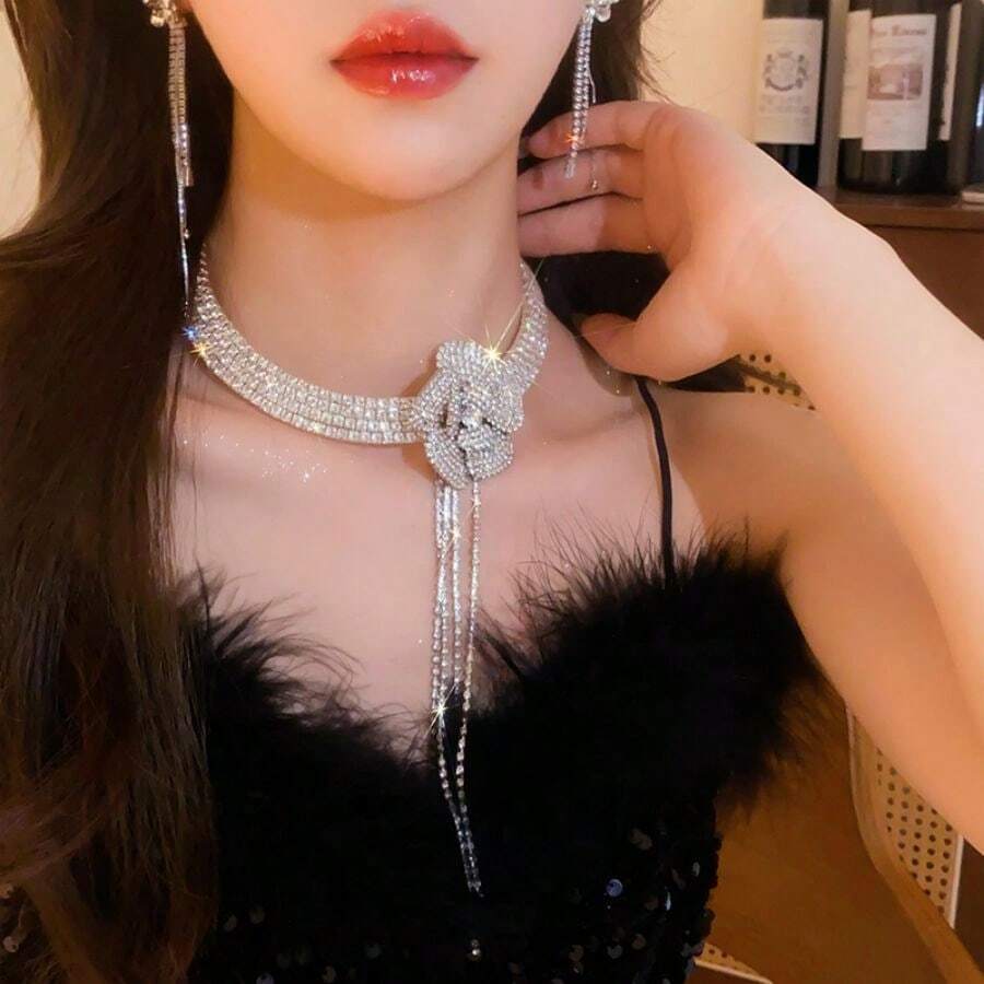 Andkiss 1pc Rhinestone Decorated Flower & Tassel Choker Necklace - Silver - View 1