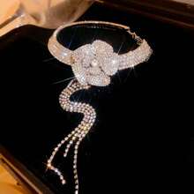 Andkiss 1pc Rhinestone Decorated Flower & Tassel Choker Necklace - Silver - View 4