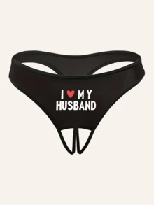 Plus Size Women's Sexy Letter Print Thong Panties, Backless - Black - View 6