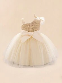 Vestido elegante de princesa color champán con lentejuelas para niñas, adecuado para fiestas - Champán - Ver 3