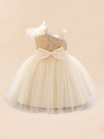 Robe de princesse pour bébé fille avec paillettes brillantes de couleur champagne, convient pour les fêtes de costume