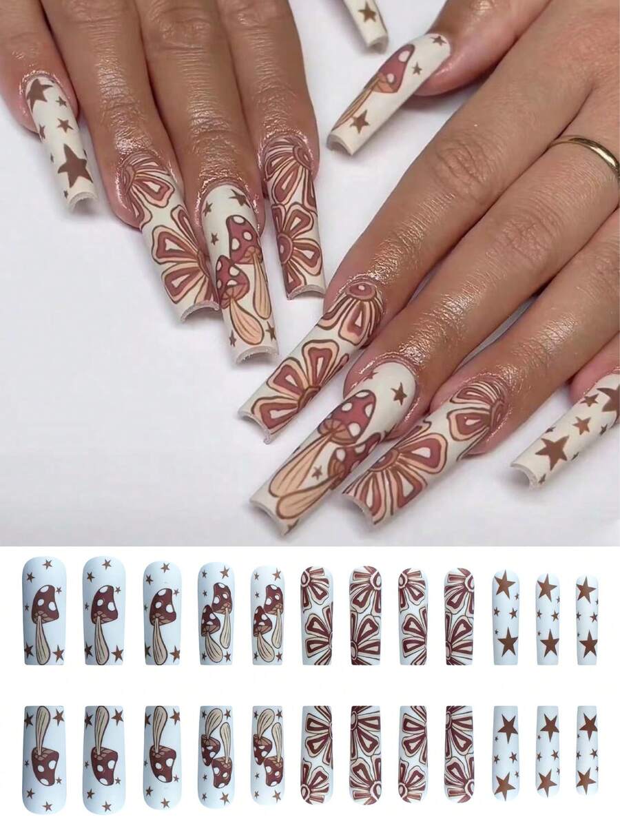 Nâng cấp vẻ ngoài của bạn, hình nấm mờ mùa thu, ngôi sao năm cánh, thiết kế lá chuối dễ thương theo phong cách retro đầu móng tay giả màu trắng để sử dụng hàng ngày - trắng - Xem 1