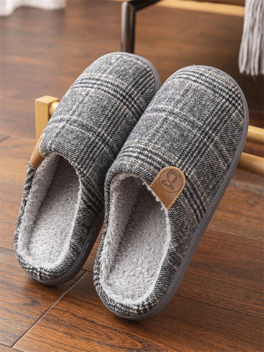 Men's Light Gray Simple Houndstooth Print Letter Decor Indoor Slippers, Warm For Bedroom & Office Use In Autumn Winter