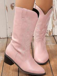 女士时尚中筒靴，粗跟，粉色尖头西式靴 - 粉色 - 查看 1