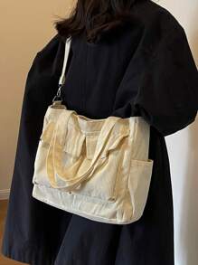 2025 New Women's Handbag, Large Capacity Commuter Shoulder Bag, Niche Design, Casual & Versatile, Minimalist Fashion, Corduroy Texture, Long Shoulder Strap, Zipper Closure, Spacious, Tote Bag, Literary Casual Style - Beige - View 3