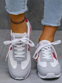 女款秋季繫帶運動鞋,時尚、百搭、舒適的白色運動鞋 - 紅色 - 查看 1