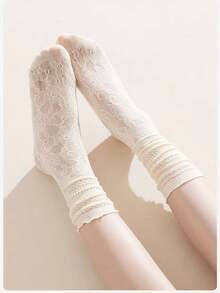 زوج واحد / زوجان / 3 أزواج جوارب نسائية رقيقة مطرزة بالدانتيل مفرغة مع حافة مكشكشة، جوارب متوسطة الطول للارتداء اليومي، خريف - متعدد الألوان - مشاهدة 4