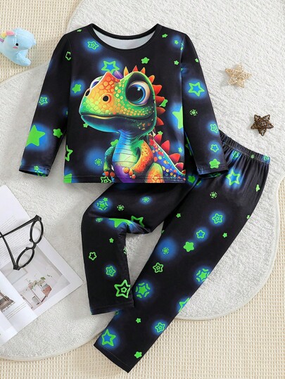 2pcs Young BoyLightweight Cartoon Pattern Long Sleeve Top And Pants Comfortable Pajama Set, Glows Under UV Light