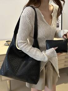 2024 Casual Woven Tote Bag Women Large Capacity Shoulder Bag Simple Minimalist Crossbody Bag - Black - View 2